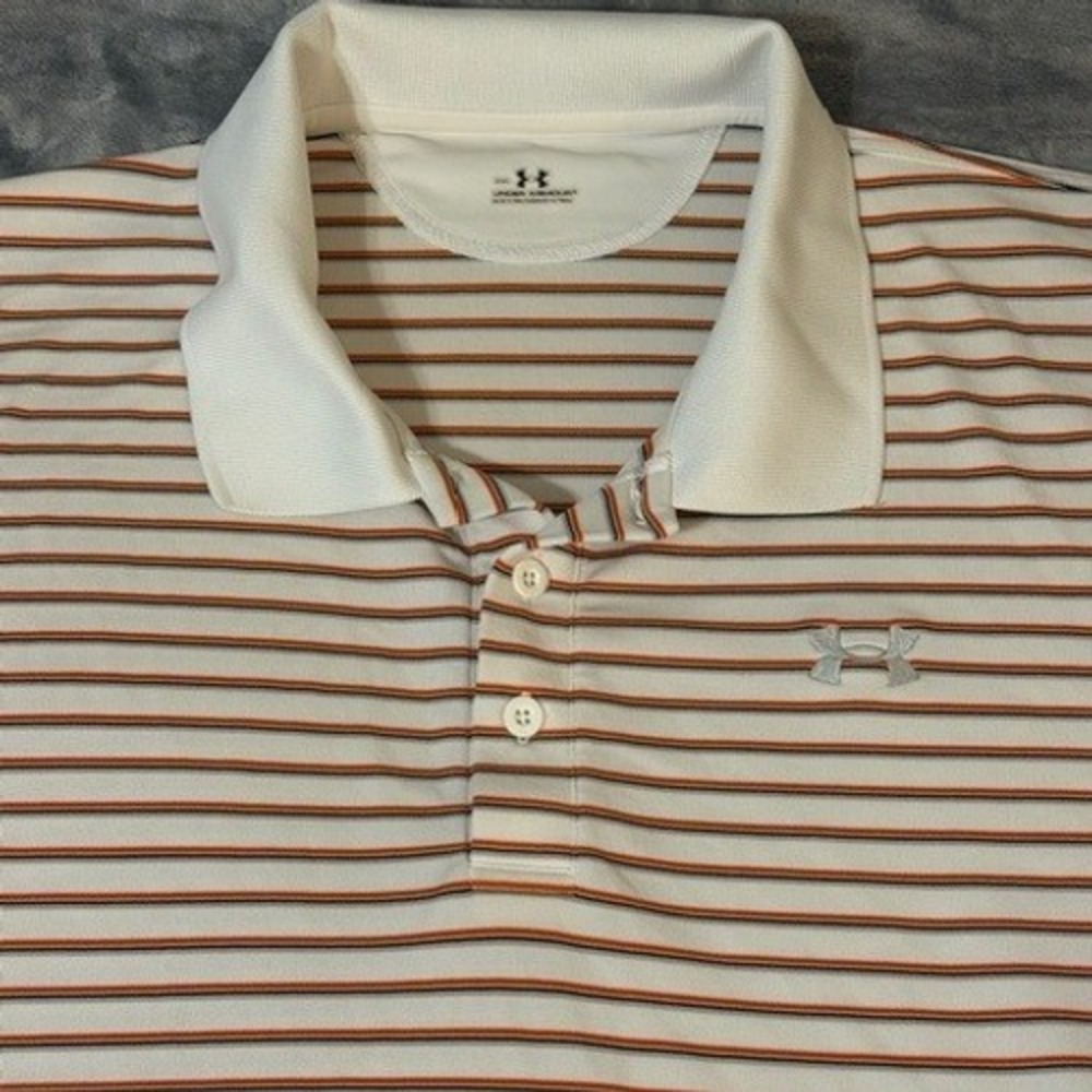 Under Armour Mens XXL Striped Polo Shirt White Orange Grey HeatGear Short Sleeve